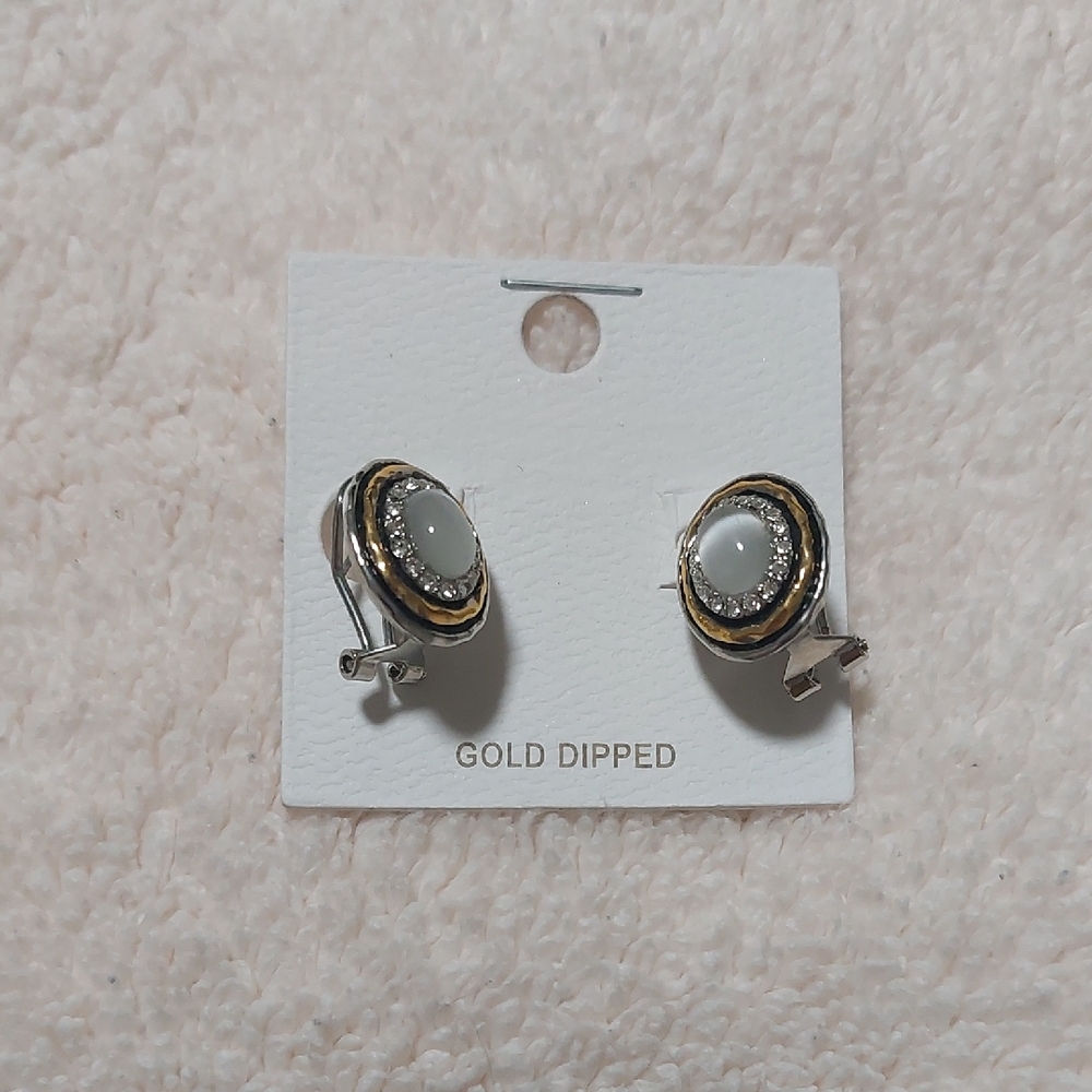Gold Dipped Oval Earrings with White Accents